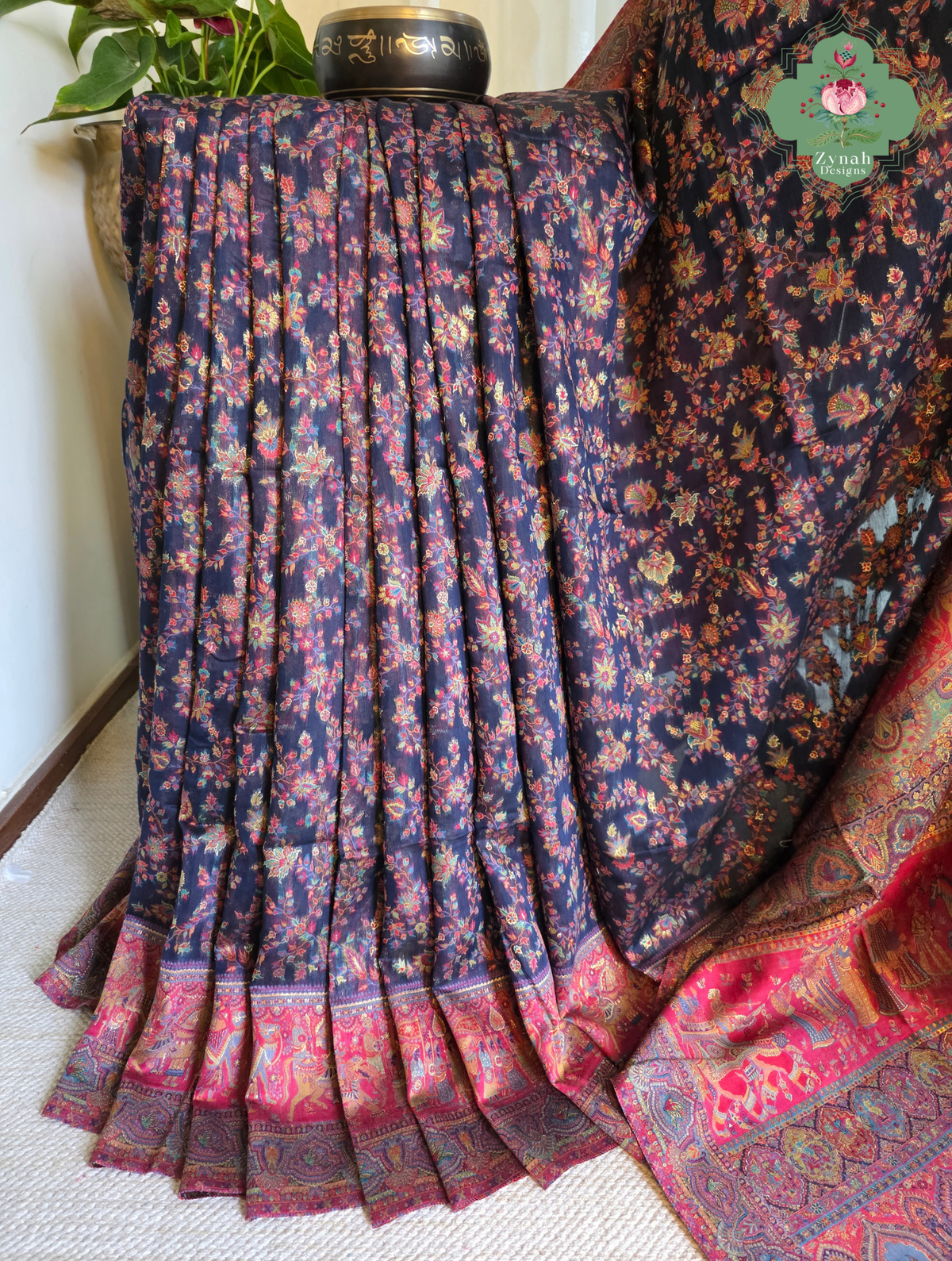Shreya | Midnight Blue & Ruby Pink Kashmiri Pure Kani Silk Jamavar Weave Saree | Made To Order
