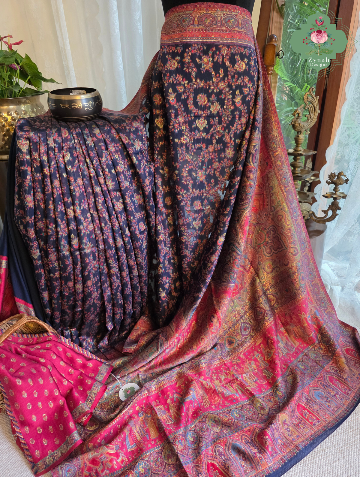 Shreya | Midnight Blue & Ruby Pink Kashmiri Pure Kani Silk Jamavar Weave Saree | Made To Order