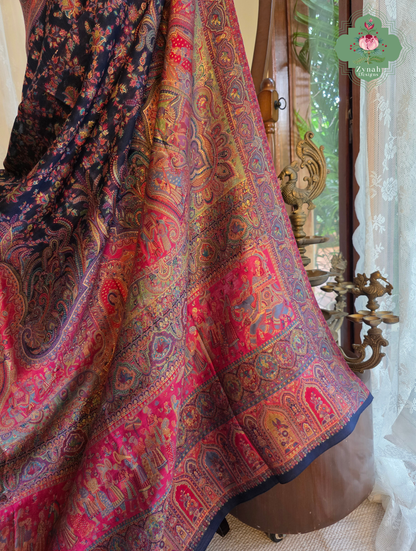 Shreya | Midnight Blue & Ruby Pink Kashmiri Pure Kani Silk Jamavar Weave Saree | Made To Order