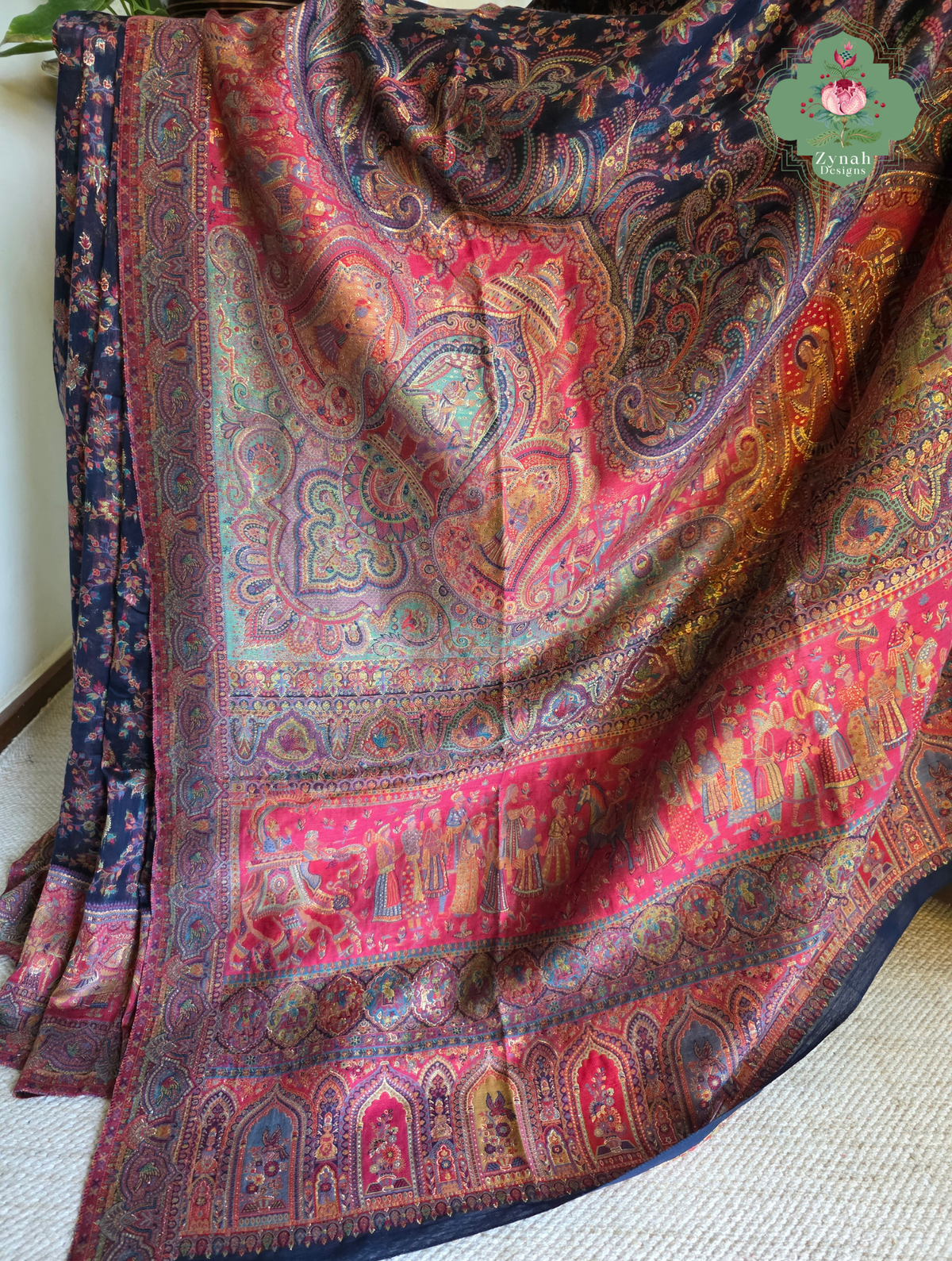 Shreya | Midnight Blue & Ruby Pink Kashmiri Pure Kani Silk Jamavar Weave Saree | Made To Order