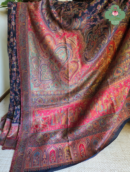 Shreya | Midnight Blue & Ruby Pink Kashmiri Pure Kani Silk Jamavar Weave Saree | Made To Order