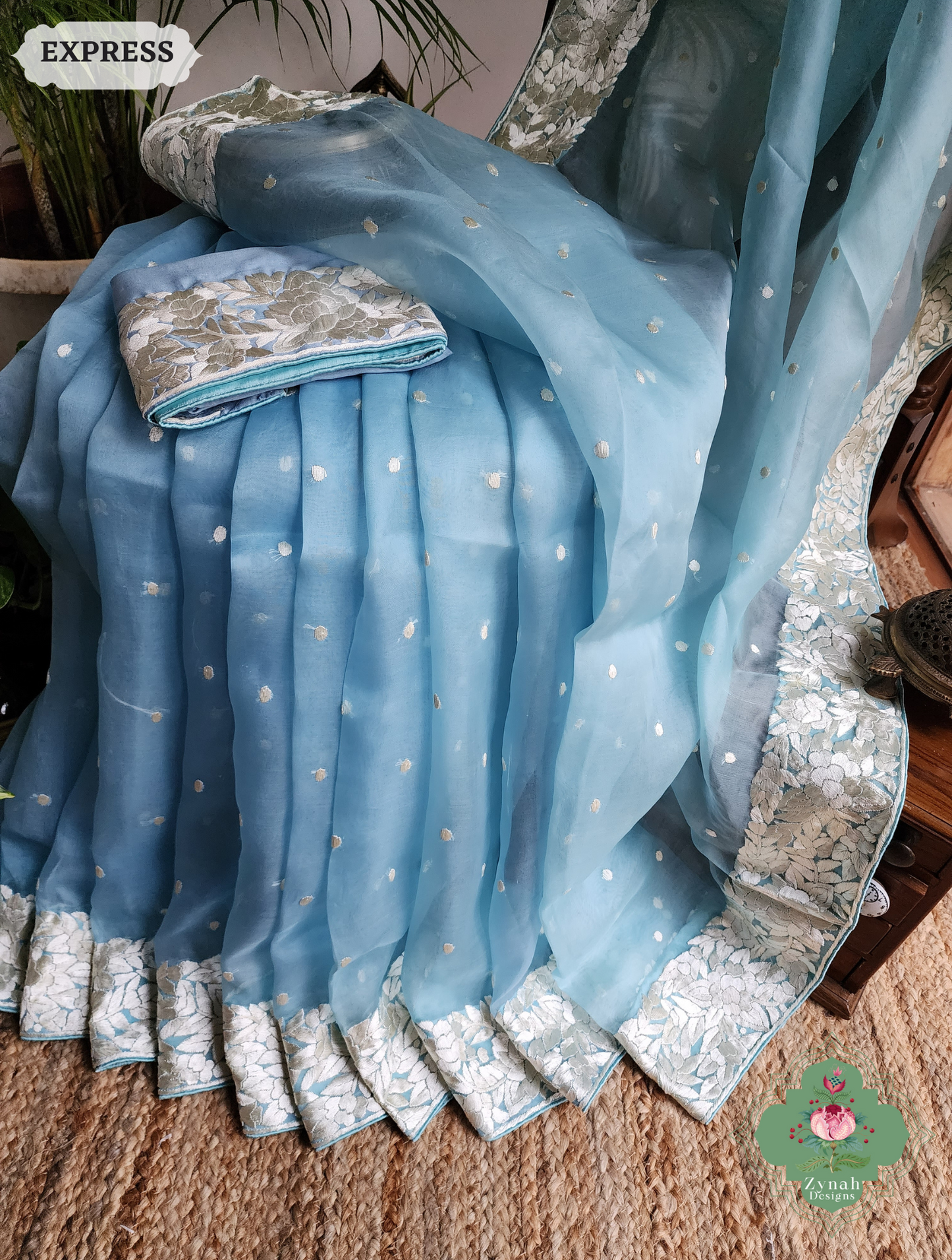Zynah Sky Blue Organza Silk Hand Embroidered Parsi Gara Saree With Floral Embroidery Border; Custom Stitched/Ready-made Blouse, Fall, Petticoat; SKU: 0912202401
