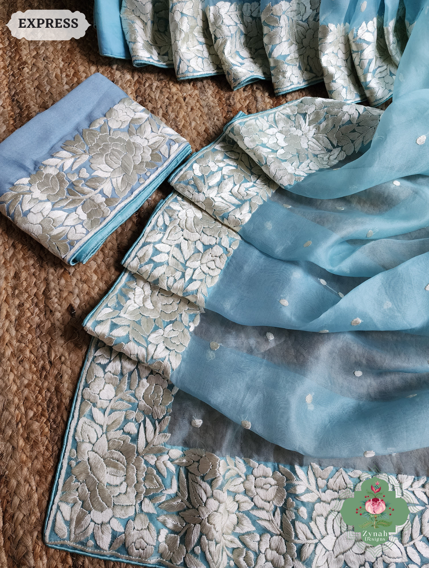 Zynah Sky Blue Organza Silk Hand Embroidered Parsi Gara Saree With Floral Embroidery Border; Custom Stitched/Ready-made Blouse, Fall, Petticoat; SKU: 0912202401