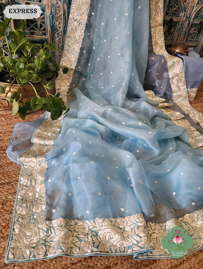 Zynah Sky Blue Organza Silk Hand Embroidered Parsi Gara Saree With Floral Embroidery Border; Custom Stitched/Ready-made Blouse, Fall, Petticoat; SKU: 0912202401