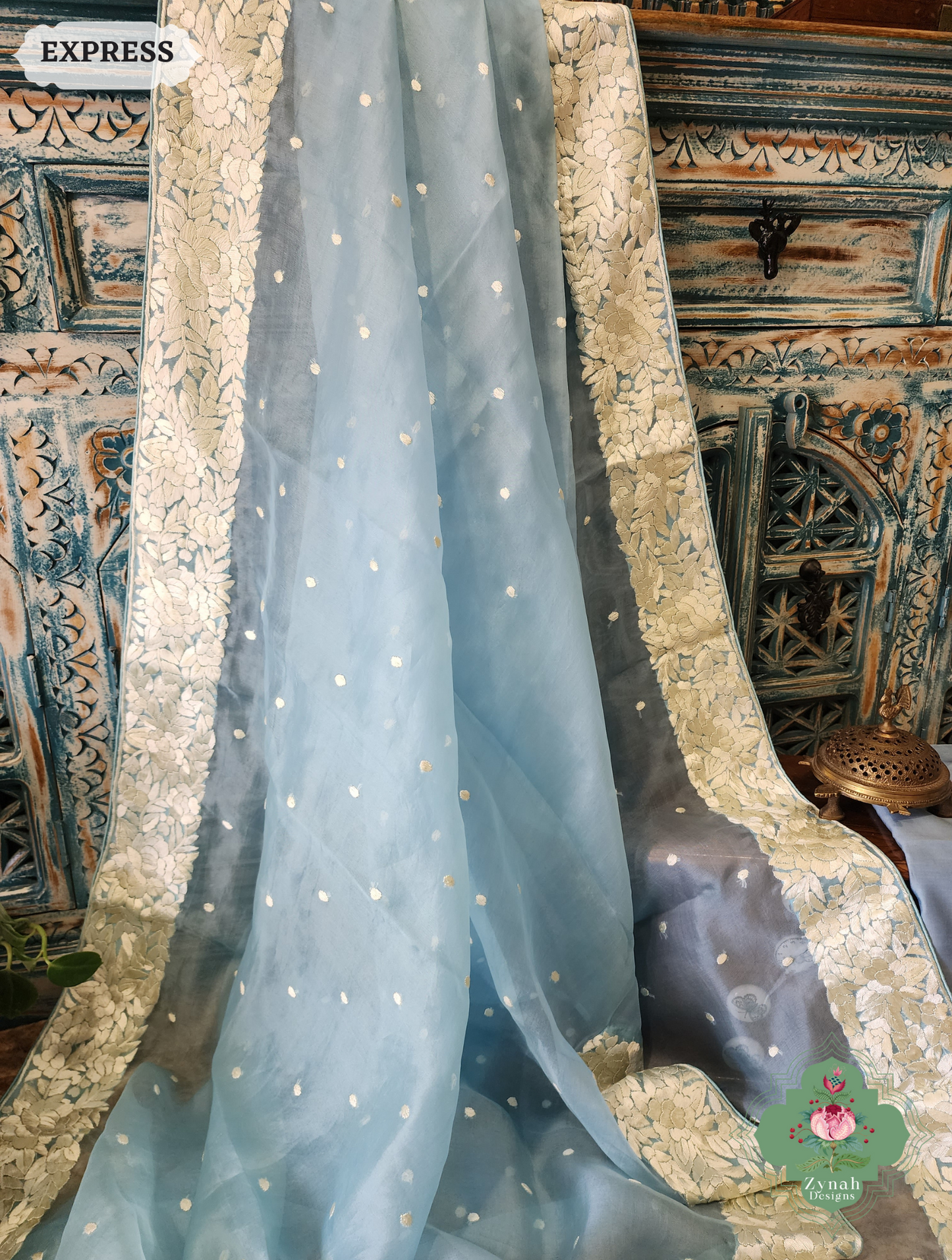 Zynah Sky Blue Organza Silk Hand Embroidered Parsi Gara Saree With Floral Embroidery Border; Custom Stitched/Ready-made Blouse, Fall, Petticoat; SKU: 0912202401