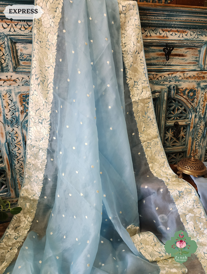 Zynah Sky Blue Organza Silk Hand Embroidered Parsi Gara Saree With Floral Embroidery Border; Custom Stitched/Ready-made Blouse, Fall, Petticoat; SKU: 0912202401