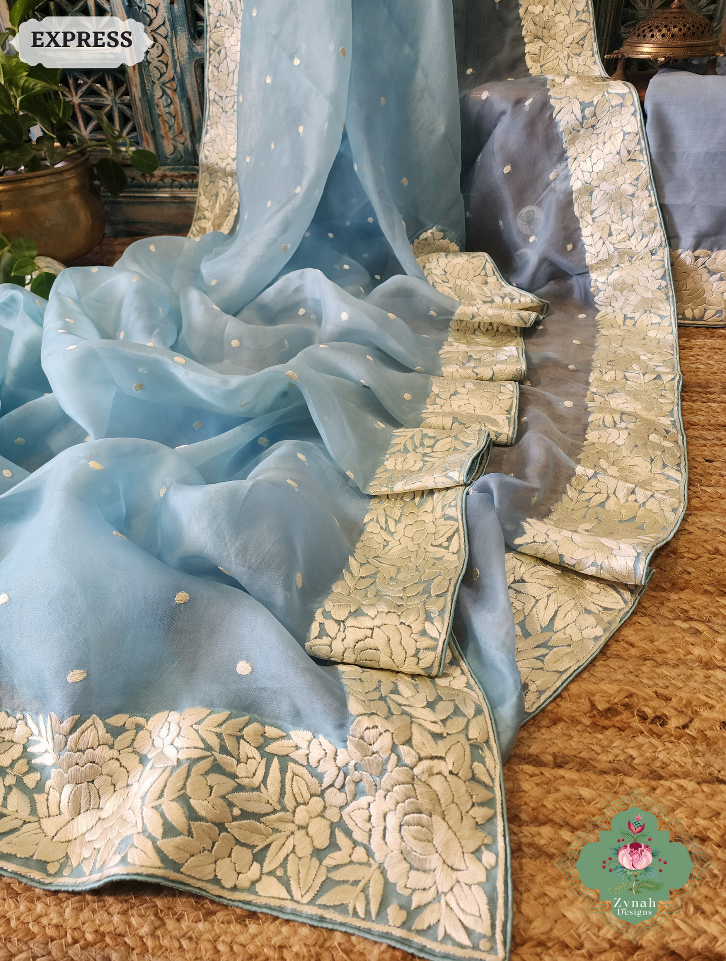 Zynah Sky Blue Organza Silk Hand Embroidered Parsi Gara Saree With Floral Embroidery Border; Custom Stitched/Ready-made Blouse, Fall, Petticoat; SKU: 0912202401