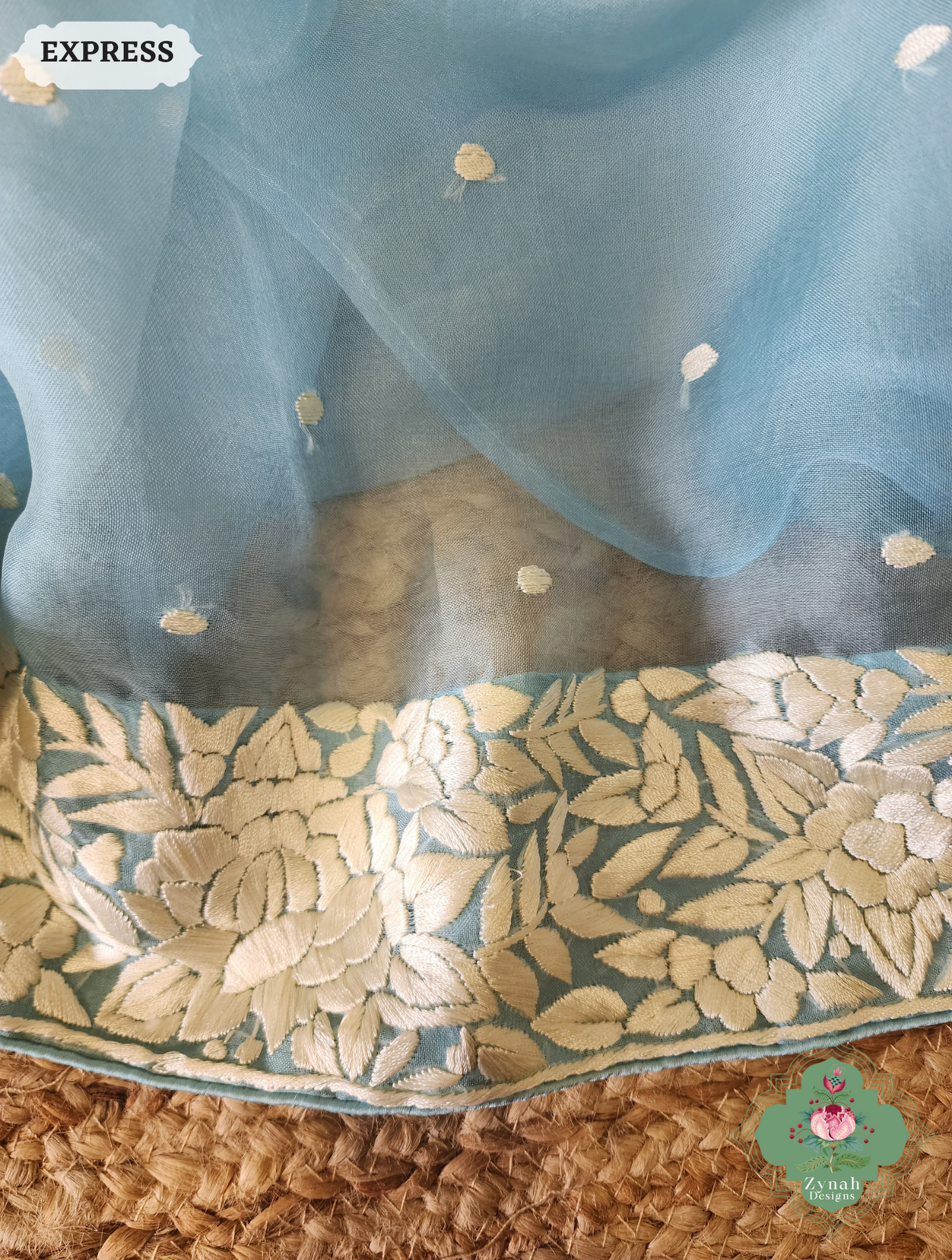 Zynah Sky Blue Organza Silk Hand Embroidered Parsi Gara Saree With Floral Embroidery Border; Custom Stitched/Ready-made Blouse, Fall, Petticoat; SKU: 0912202401