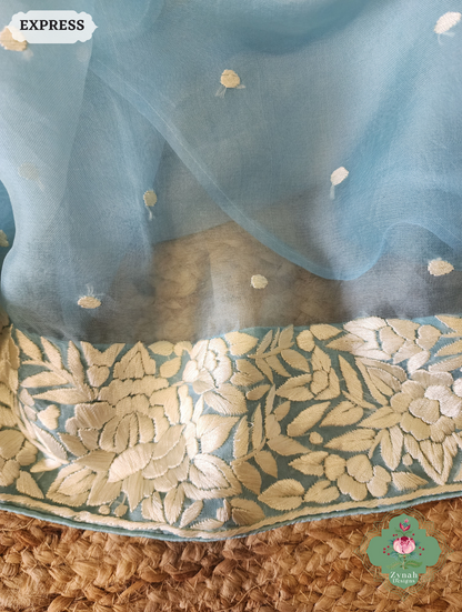Zynah Sky Blue Organza Silk Hand Embroidered Parsi Gara Saree With Floral Embroidery Border; Custom Stitched/Ready-made Blouse, Fall, Petticoat; SKU: 0912202401