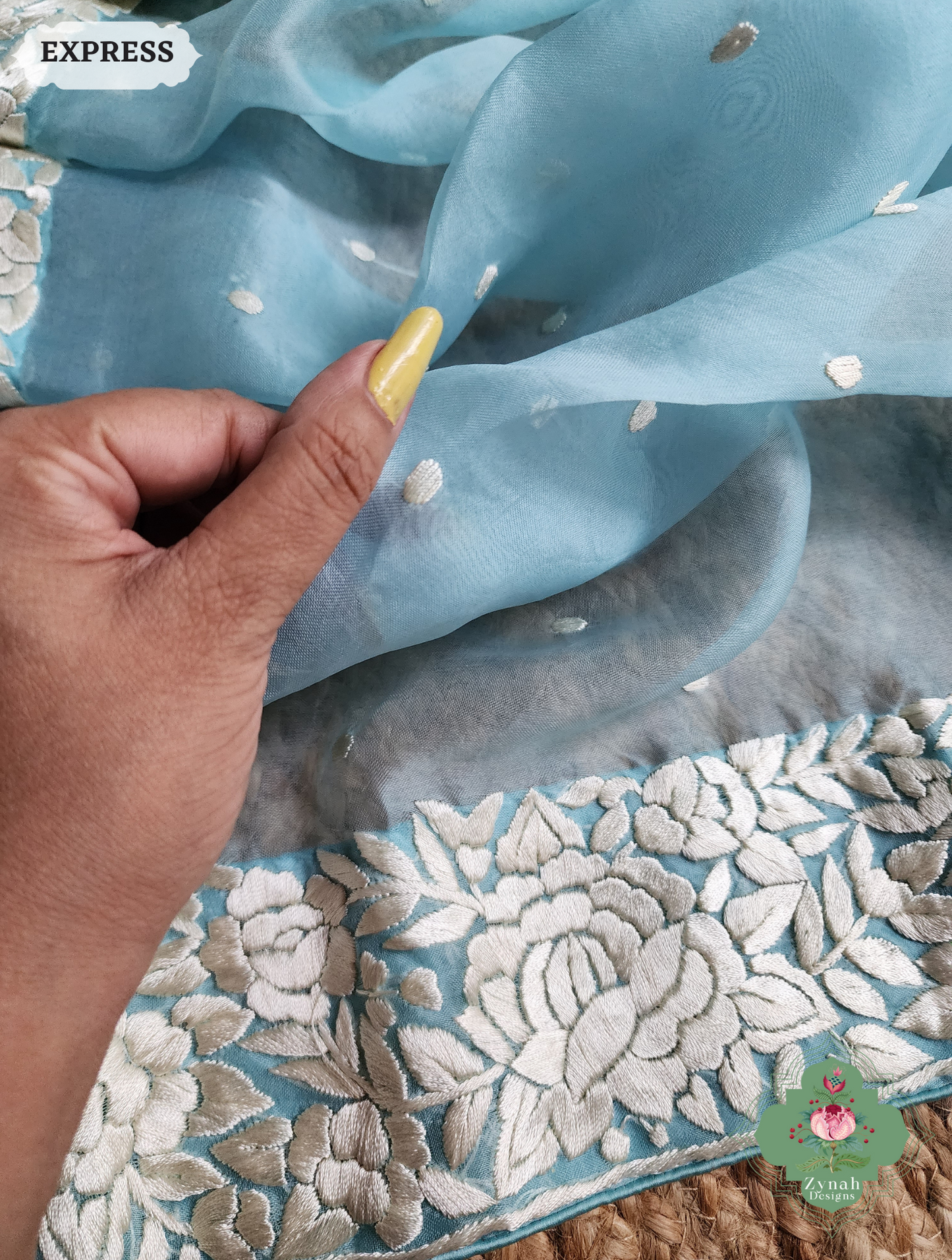 Zynah Sky Blue Organza Silk Hand Embroidered Parsi Gara Saree With Floral Embroidery Border; Custom Stitched/Ready-made Blouse, Fall, Petticoat; SKU: 0912202401