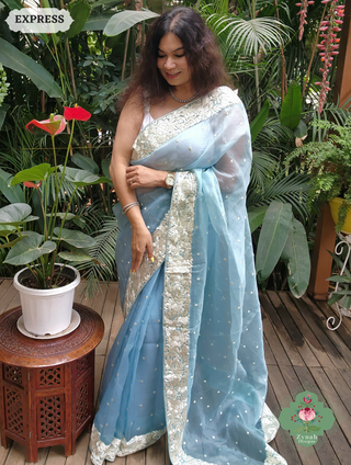 Zynah Sky Blue Organza Silk Hand Embroidered Parsi Gara Saree With Floral Embroidery Border; Custom Stitched/Ready-made Blouse, Fall, Petticoat; SKU: 0912202401