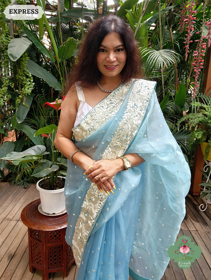 Zynah Sky Blue Organza Silk Hand Embroidered Parsi Gara Saree With Floral Embroidery Border; Custom Stitched/Ready-made Blouse, Fall, Petticoat; SKU: 0912202401
