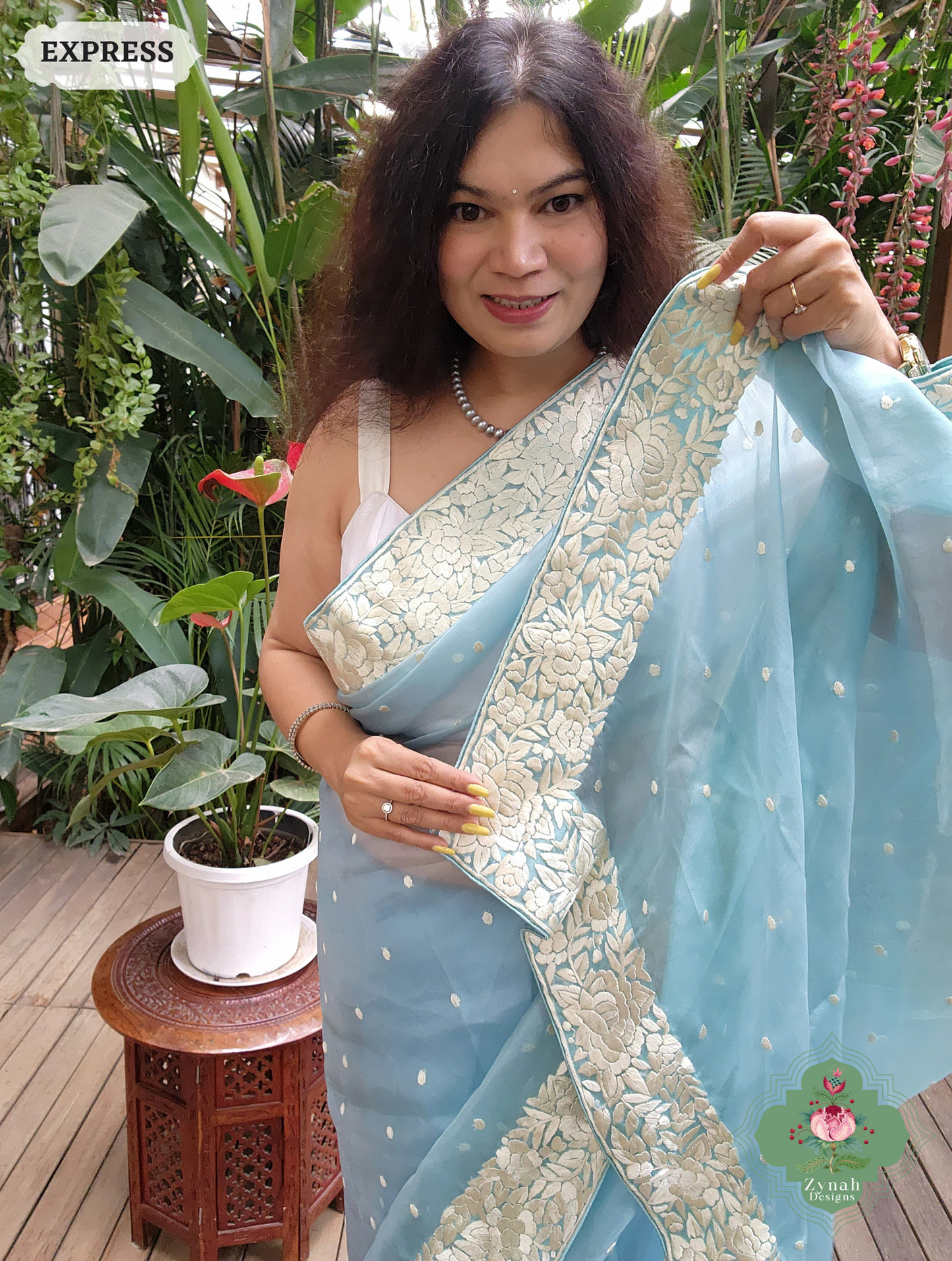 Zynah Sky Blue Organza Silk Hand Embroidered Parsi Gara Saree With Floral Embroidery Border; Custom Stitched/Ready-made Blouse, Fall, Petticoat; SKU: 0912202401