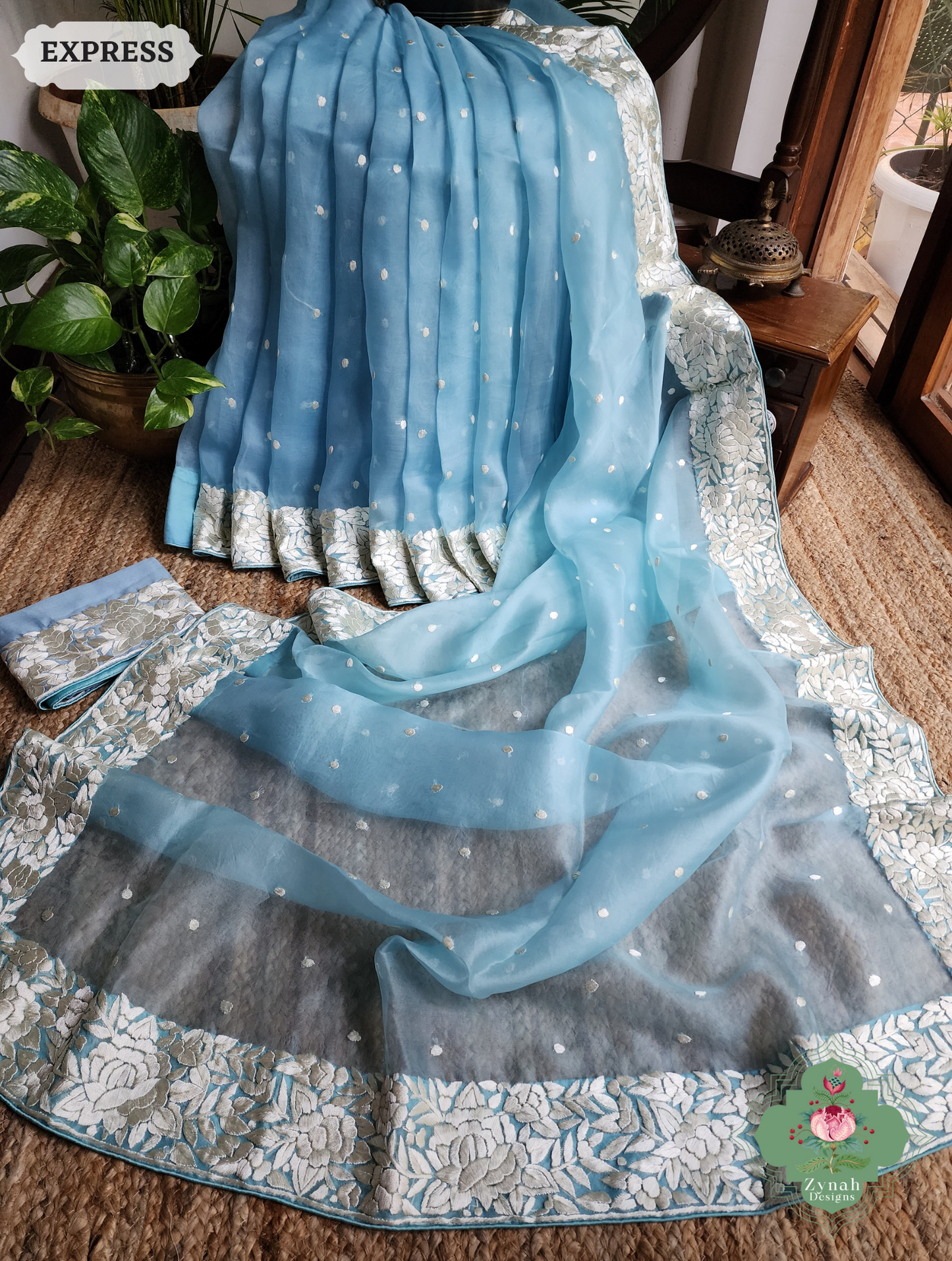 Zynah Sky Blue Organza Silk Hand Embroidered Parsi Gara Saree With Floral Embroidery Border; Custom Stitched/Ready-made Blouse, Fall, Petticoat; SKU: 0912202401