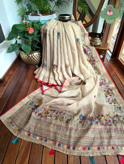 Tara | Hand Painted Beige Linen Tissue Saree With Hand Embroidery