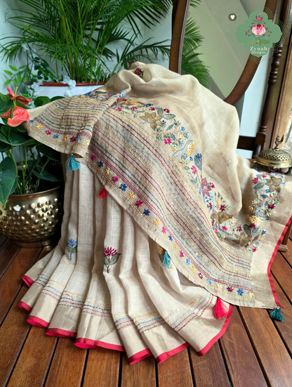 Tara | Hand Painted Beige Linen Tissue Saree With Hand Embroidery