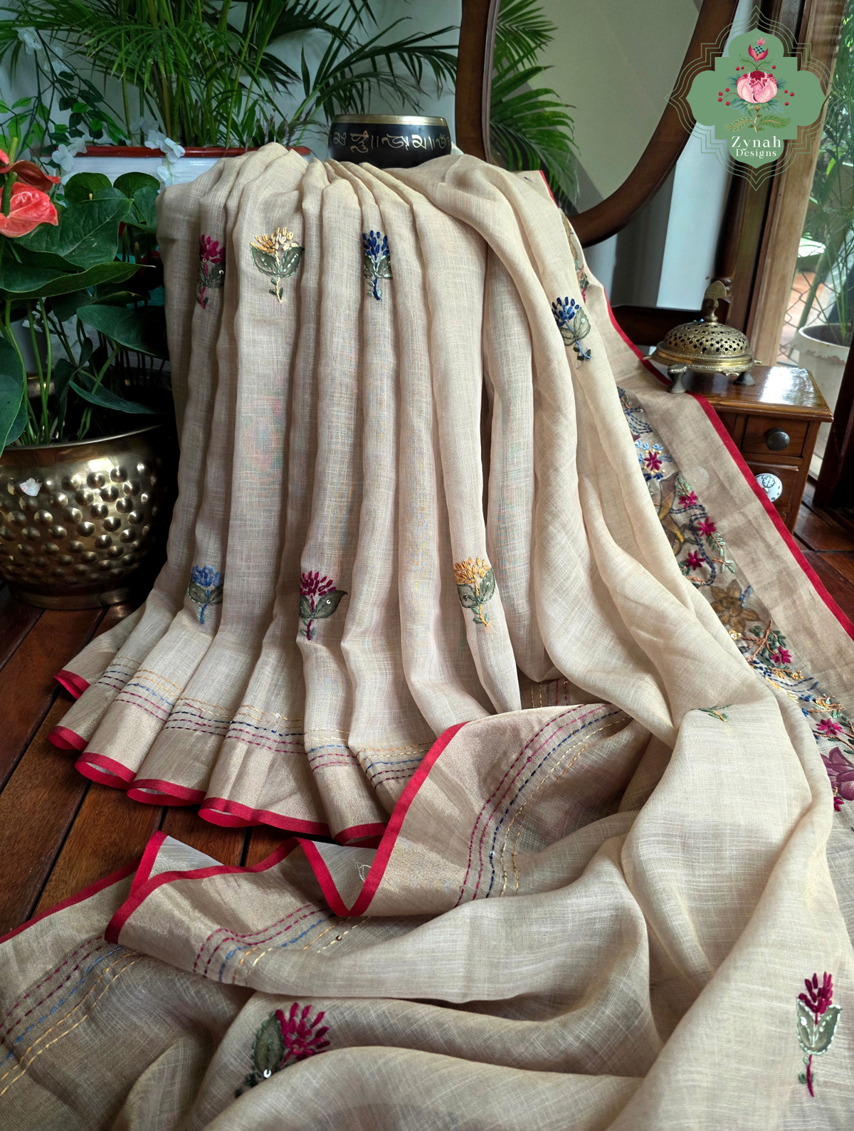 Tara | Hand Painted Beige Linen Tissue Saree With Hand Embroidery