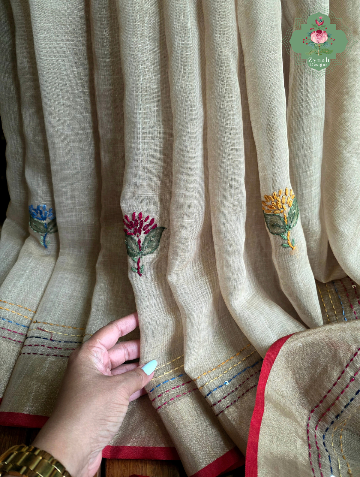 Tara | Hand Painted Beige Linen Tissue Saree With Hand Embroidery