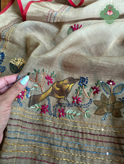 Tara | Hand Painted Beige Linen Tissue Saree With Hand Embroidery