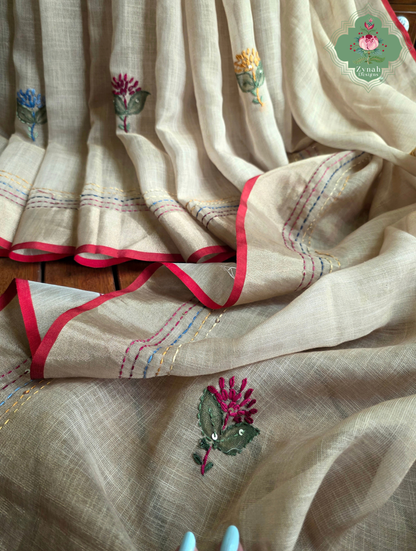 Tara | Hand Painted Beige Linen Tissue Saree With Hand Embroidery