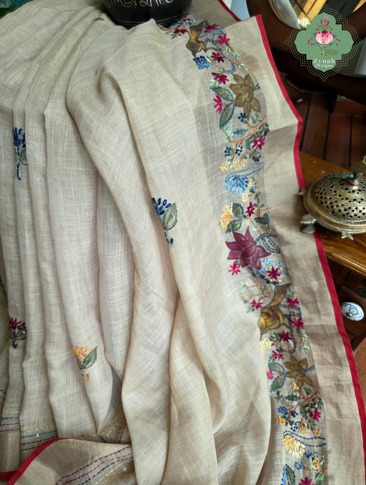Tara | Hand Painted Beige Linen Tissue Saree With Hand Embroidery