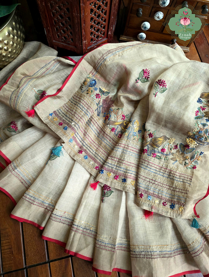 Tara | Hand Painted Beige Linen Tissue Saree With Hand Embroidery