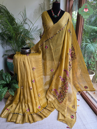 Tarini | Mustard Pure Silk Linen Saree With Hand Embroidery