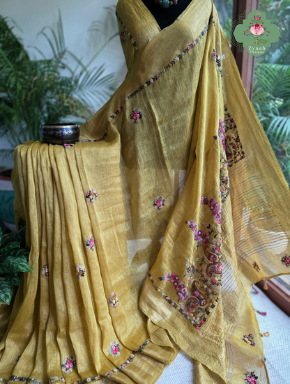 Tarini | Mustard Pure Silk Linen Saree With Hand Embroidery
