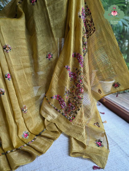 Tarini | Mustard Pure Silk Linen Saree With Hand Embroidery