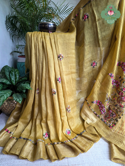 Tarini | Mustard Pure Silk Linen Saree With Hand Embroidery