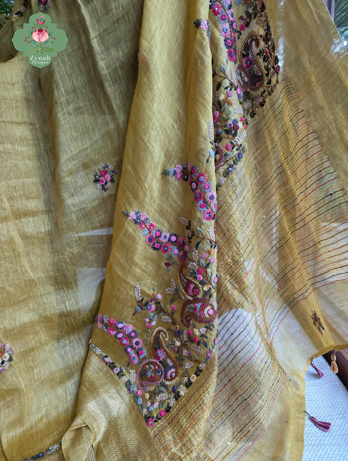 Tarini | Mustard Pure Silk Linen Saree With Hand Embroidery
