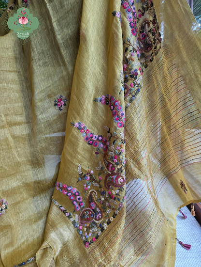 Tarini | Mustard Pure Silk Linen Saree With Hand Embroidery