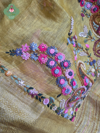 Tarini | Mustard Pure Silk Linen Saree With Hand Embroidery