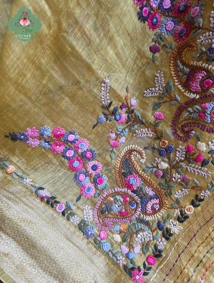 Tarini | Mustard Pure Silk Linen Saree With Hand Embroidery