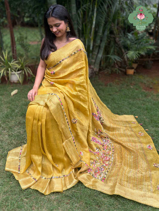 Tarini | Mustard Yellow Pure Silk Linen Saree With Hand Embroidery