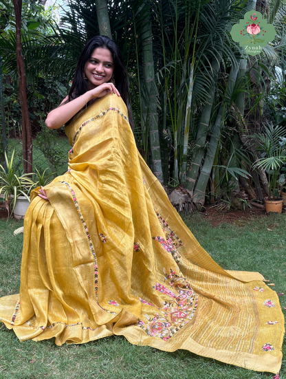 Tarini | Mustard Yellow Pure Silk Linen Saree With Hand Embroidery