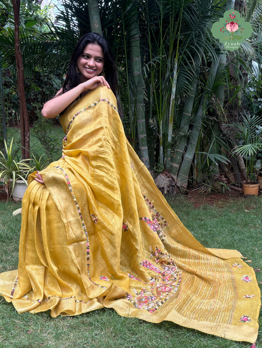 Tarini | Mustard Yellow Pure Silk Linen Saree With Hand Embroidery