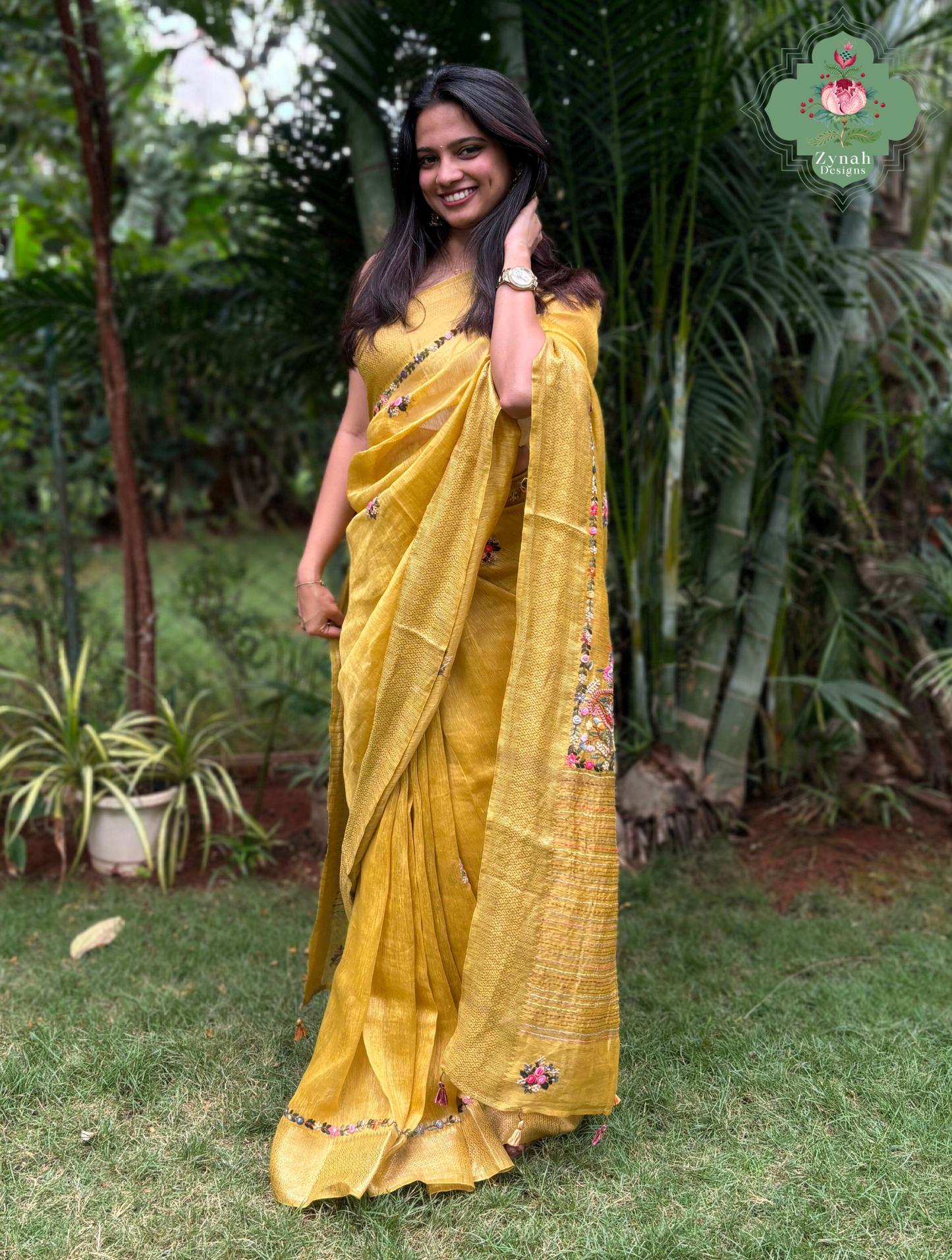 Tarini | Mustard Yellow Pure Silk Linen Saree With Hand Embroidery