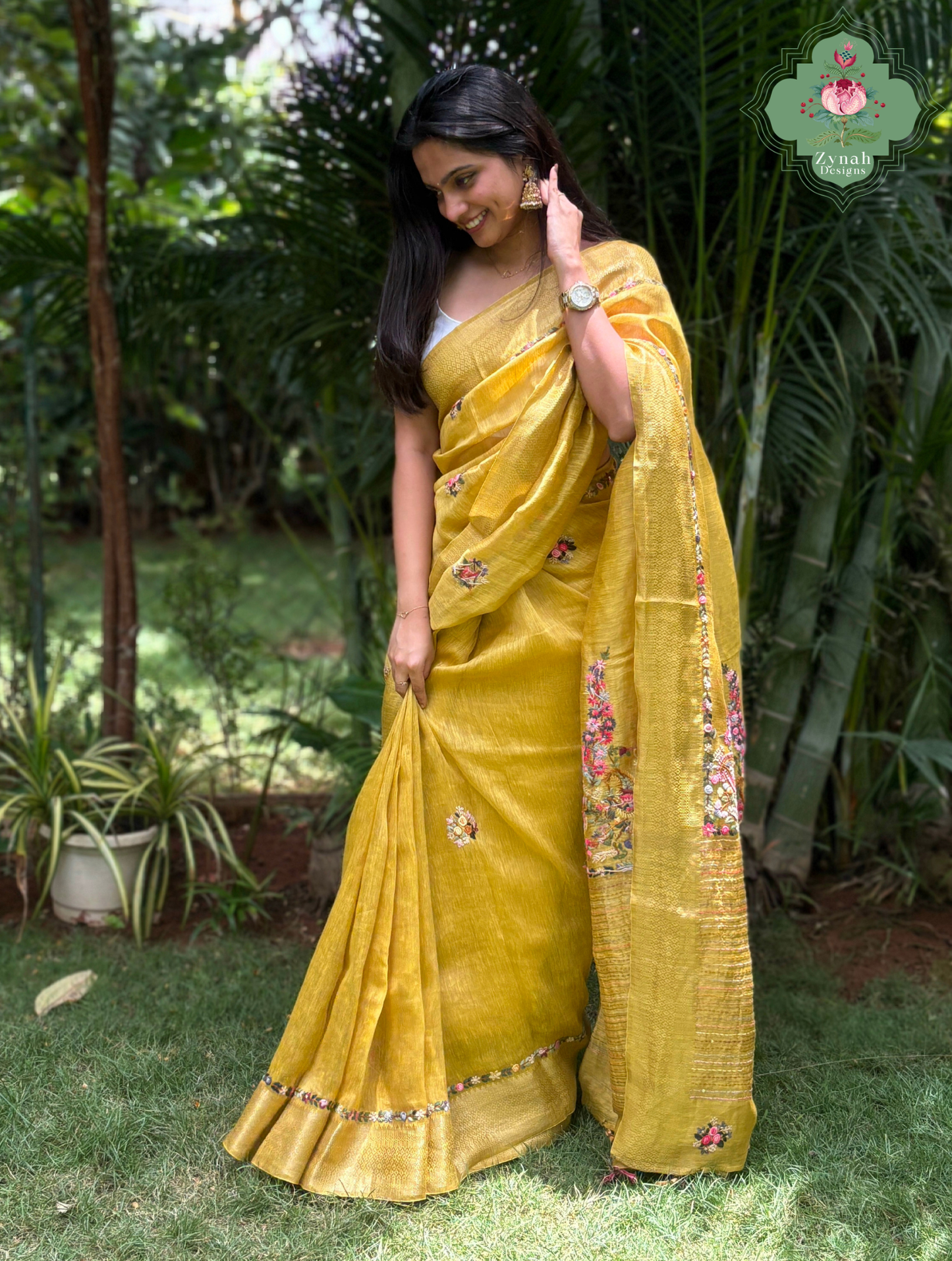 Tarini | Mustard Yellow Pure Silk Linen Saree With Hand Embroidery