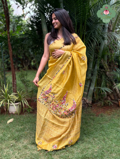 Tarini | Mustard Yellow Pure Silk Linen Saree With Hand Embroidery