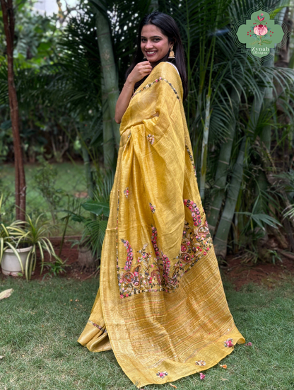 Tarini | Mustard Yellow Pure Silk Linen Saree With Hand Embroidery