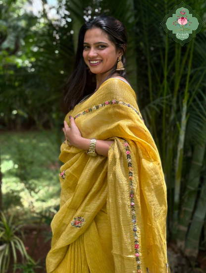 Tarini | Mustard Yellow Pure Silk Linen Saree With Hand Embroidery