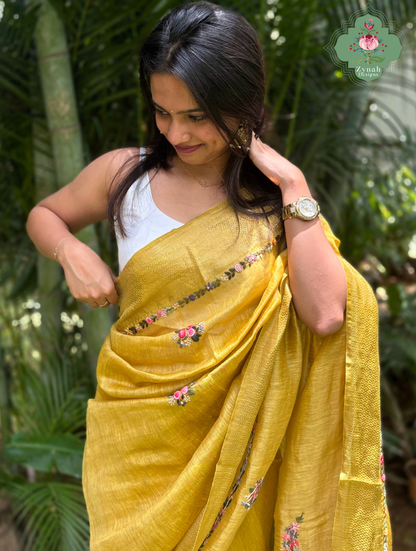 Tarini | Mustard Yellow Pure Silk Linen Saree With Hand Embroidery