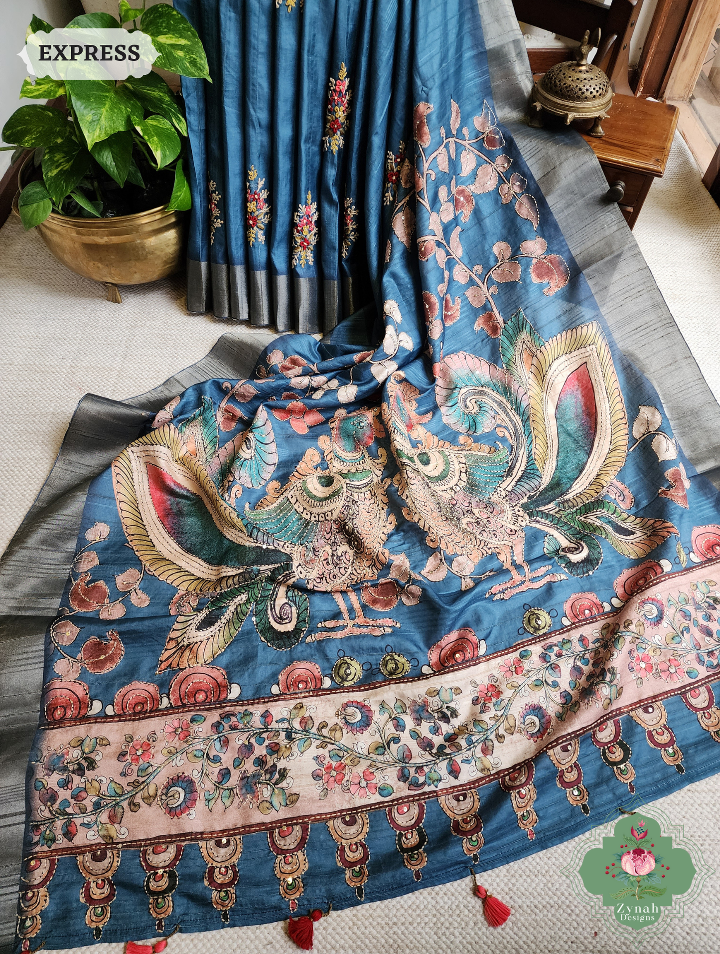 Zynah Teal Blue Jute Linen Saree With Kalamkari Pallu, Kantha & Sequins Highlight & Frenchknot Hand Embroidery; Custom Stitched/Ready-made Blouse, Fall, Petticoat; SKU: 0609202407