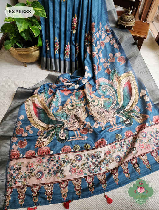 Zynah Teal Blue Jute Linen Saree With Kalamkari Pallu, Kantha & Sequins Highlight & Frenchknot Hand Embroidery; Custom Stitched/Ready-made Blouse, Fall, Petticoat; SKU: 0609202407