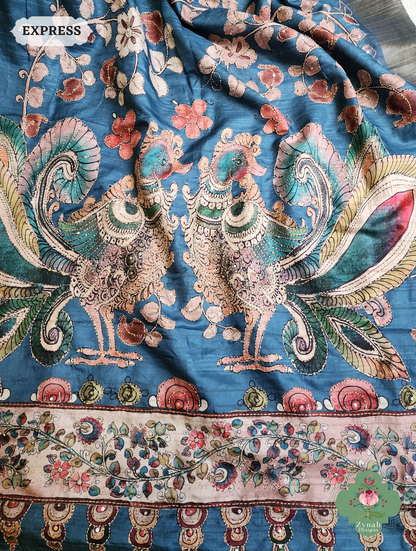 Zynah Teal Blue Jute Linen Saree With Kalamkari Pallu, Kantha & Sequins Highlight & Frenchknot Hand Embroidery; Custom Stitched/Ready-made Blouse, Fall, Petticoat; SKU: 0609202407