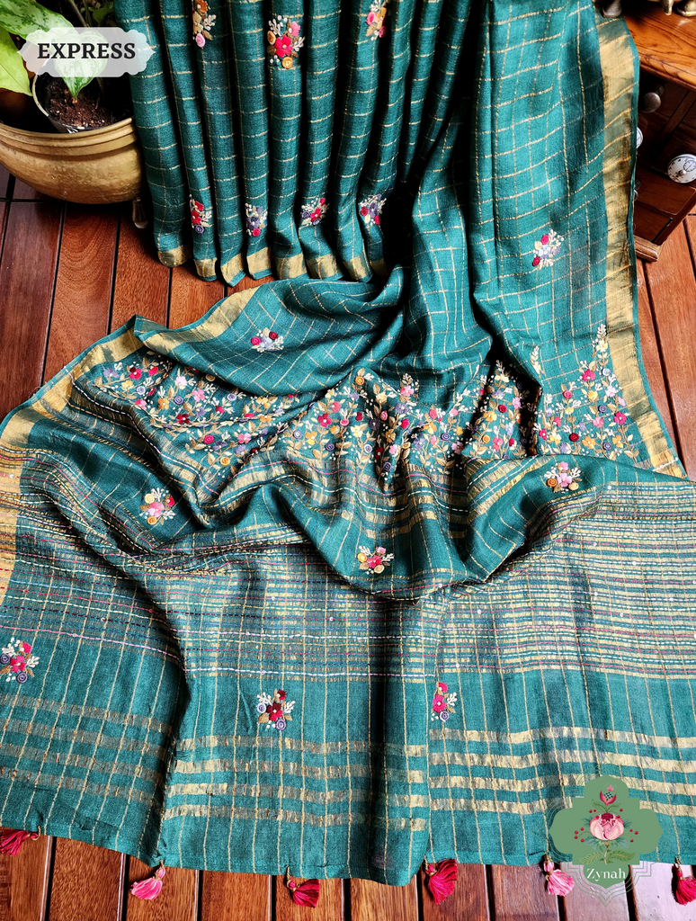 Teal/Gold Self Checkered Tussar Silk Saree with Frenchknot Hand Embroidery & Sequins Work - Festive Elegance
