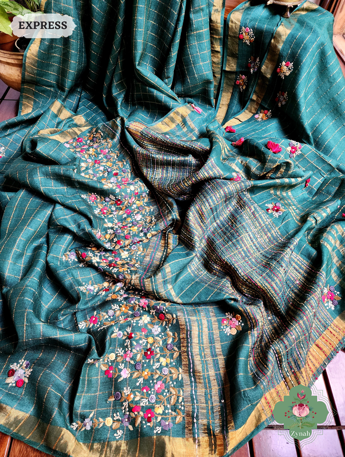 Zynah Teal / Gold Self Checkered Pure Tussar Silk Saree With Frenchknot Hand Embroidery; Custom Stitched/Ready-made Blouse, Fall, Petticoat; SKU: 2908202302