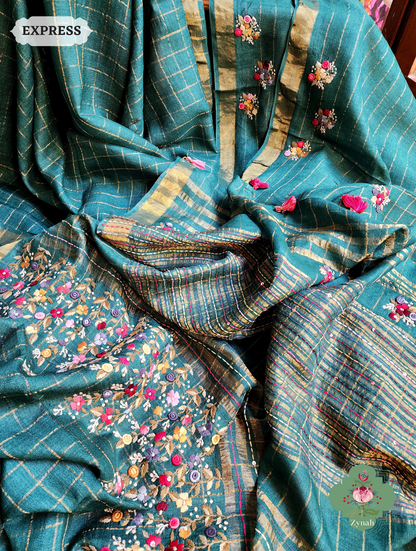Zynah Teal / Gold Self Checkered Pure Tussar Silk Saree With Frenchknot Hand Embroidery; Custom Stitched/Ready-made Blouse, Fall, Petticoat; SKU: 2908202302