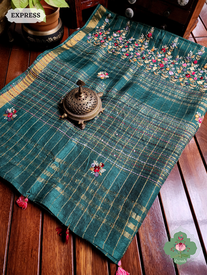 Zynah Teal / Gold Self Checkered Pure Tussar Silk Saree With Frenchknot Hand Embroidery; Custom Stitched/Ready-made Blouse, Fall, Petticoat; SKU: 2908202302